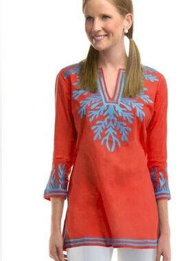 Gretchen Scott Designs Coral Tunic with Blue Embroidery